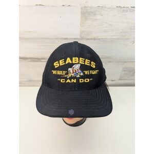 Vintage US Navy Seabees Hat Cap Snap Back Black Military Can Do Mens 90s